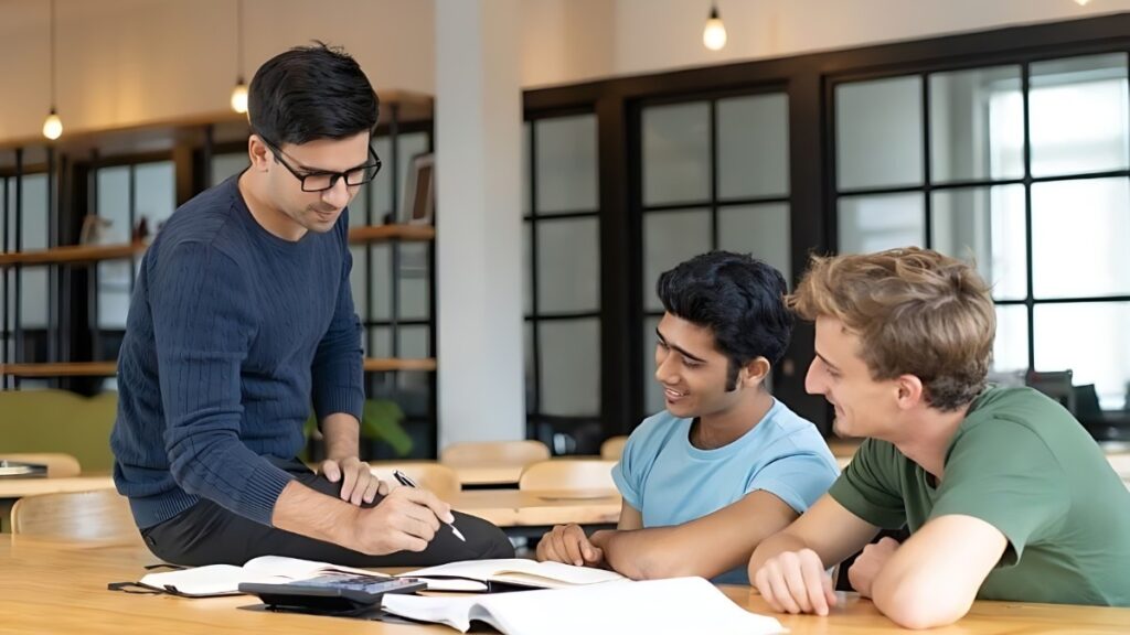 A group of three students at a table, with a man focused on writing notes on a piece of paper, fostering academic discussion